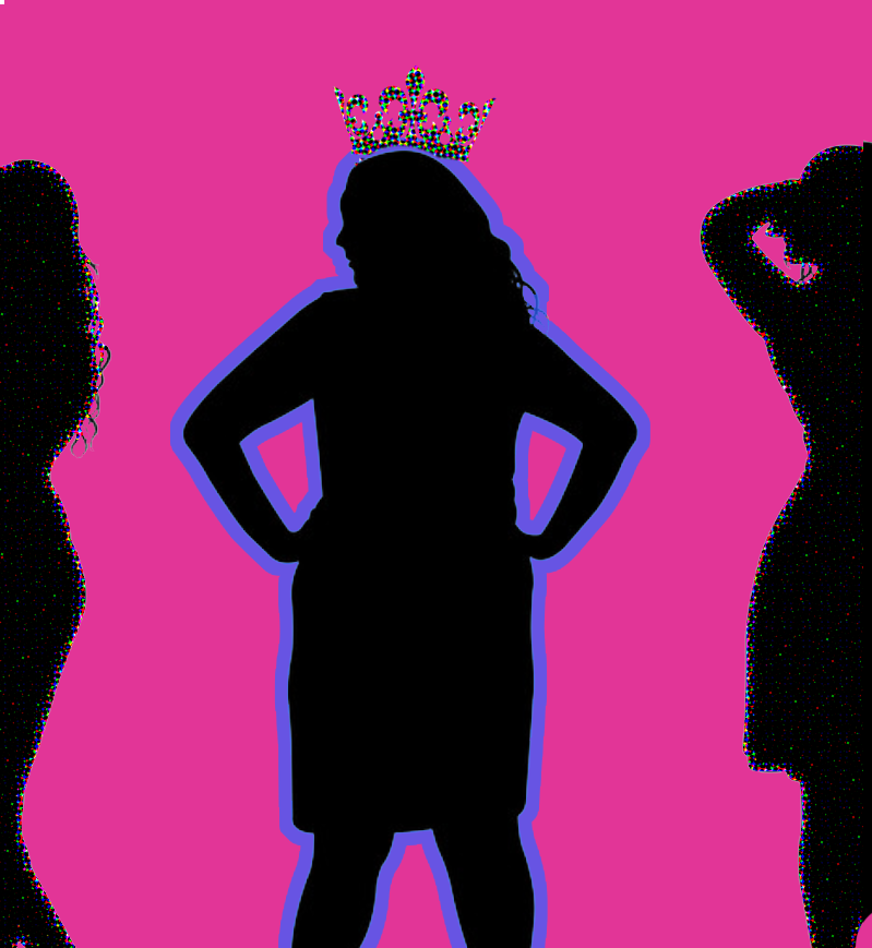 Silhouettes of three women standing. The woman in the middle wears a crown.